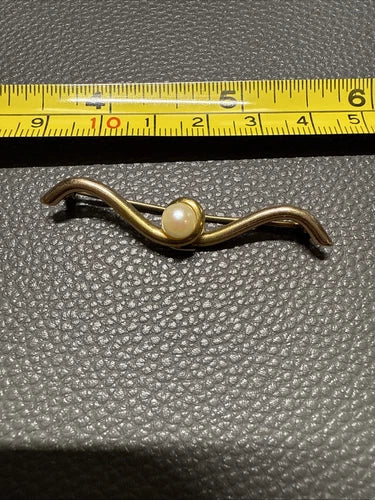14K GOLD Vintage Modernist Cultured Pearl Brooch Pin