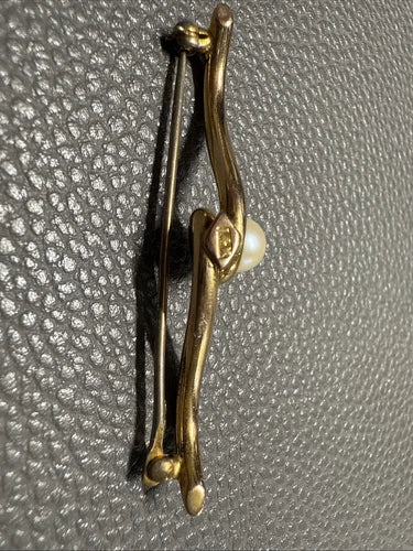 14K GOLD Vintage Modernist Cultured Pearl Brooch Pin