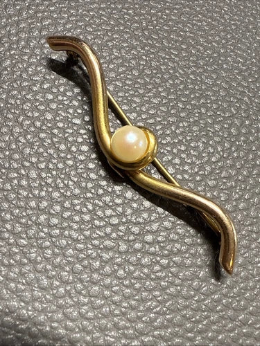 14K GOLD Vintage Modernist Cultured Pearl Brooch Pin