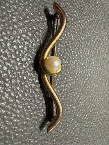 14K GOLD Vintage Modernist Cultured Pearl Brooch Pin